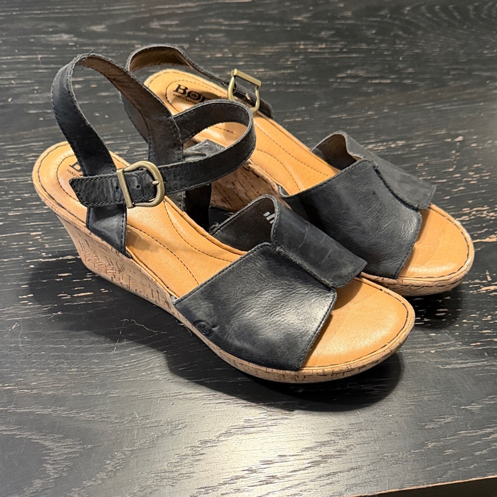 Born Black and Tan Wedge Sandals